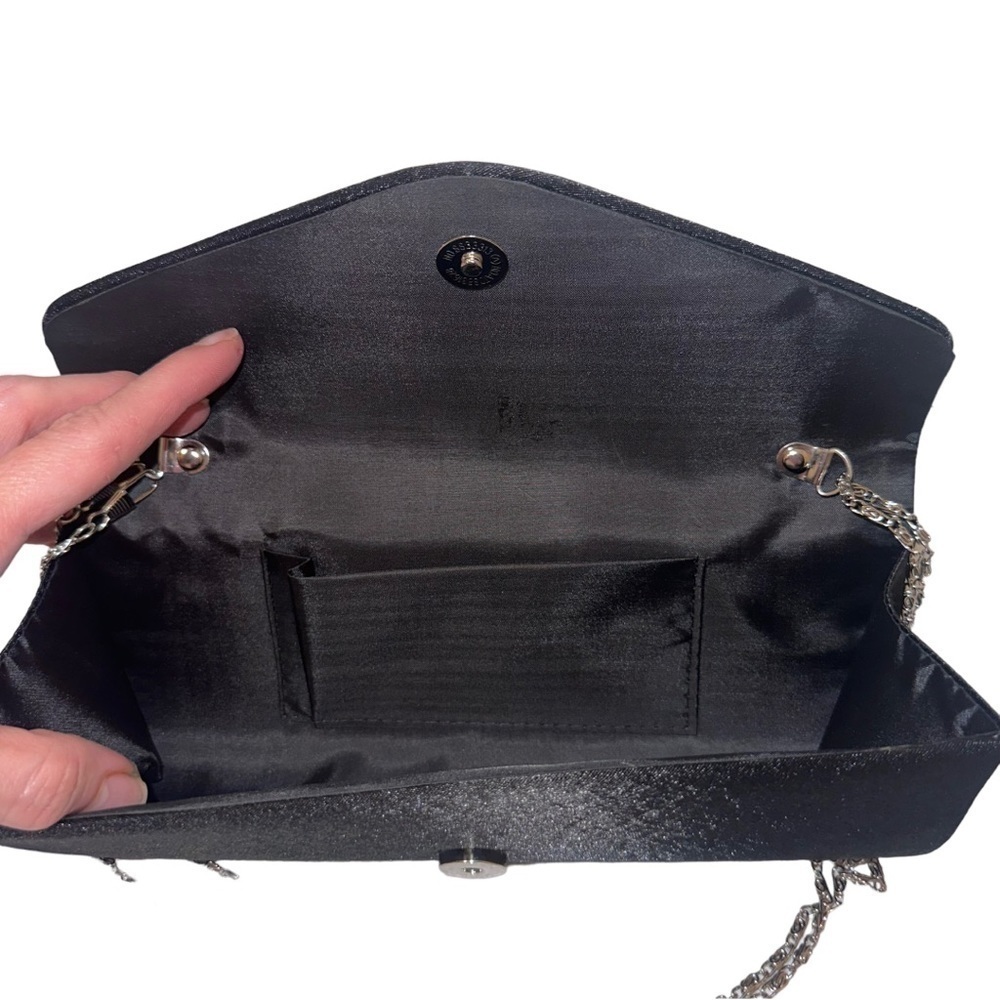 BLACK Satin Rhinestone Encrusted Clutch Bag - Picture 10 of 16
